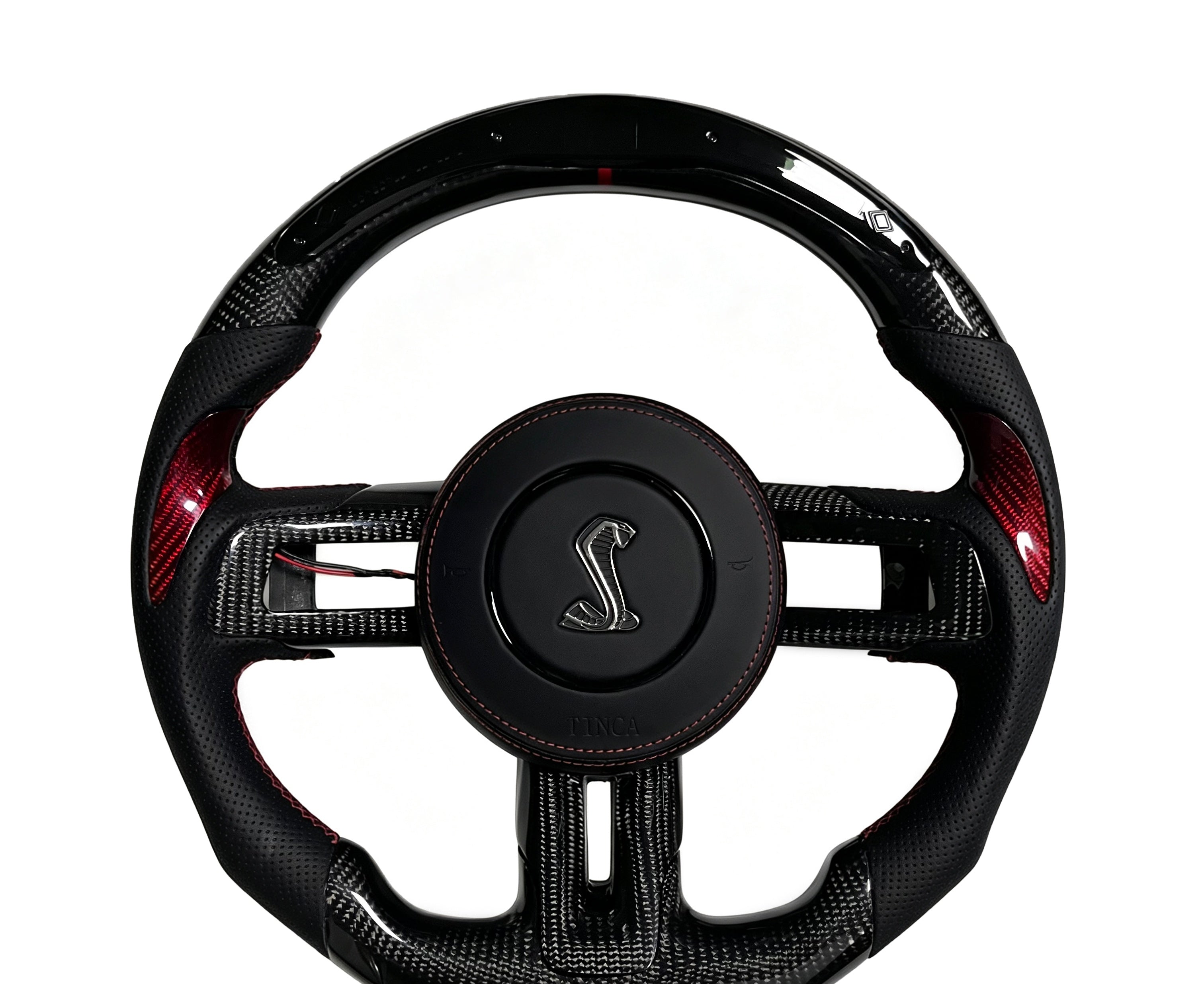 Ford Mustang Carbon Fibre & Perforated Leather Steering Wheel (Design 21) on a clean white background