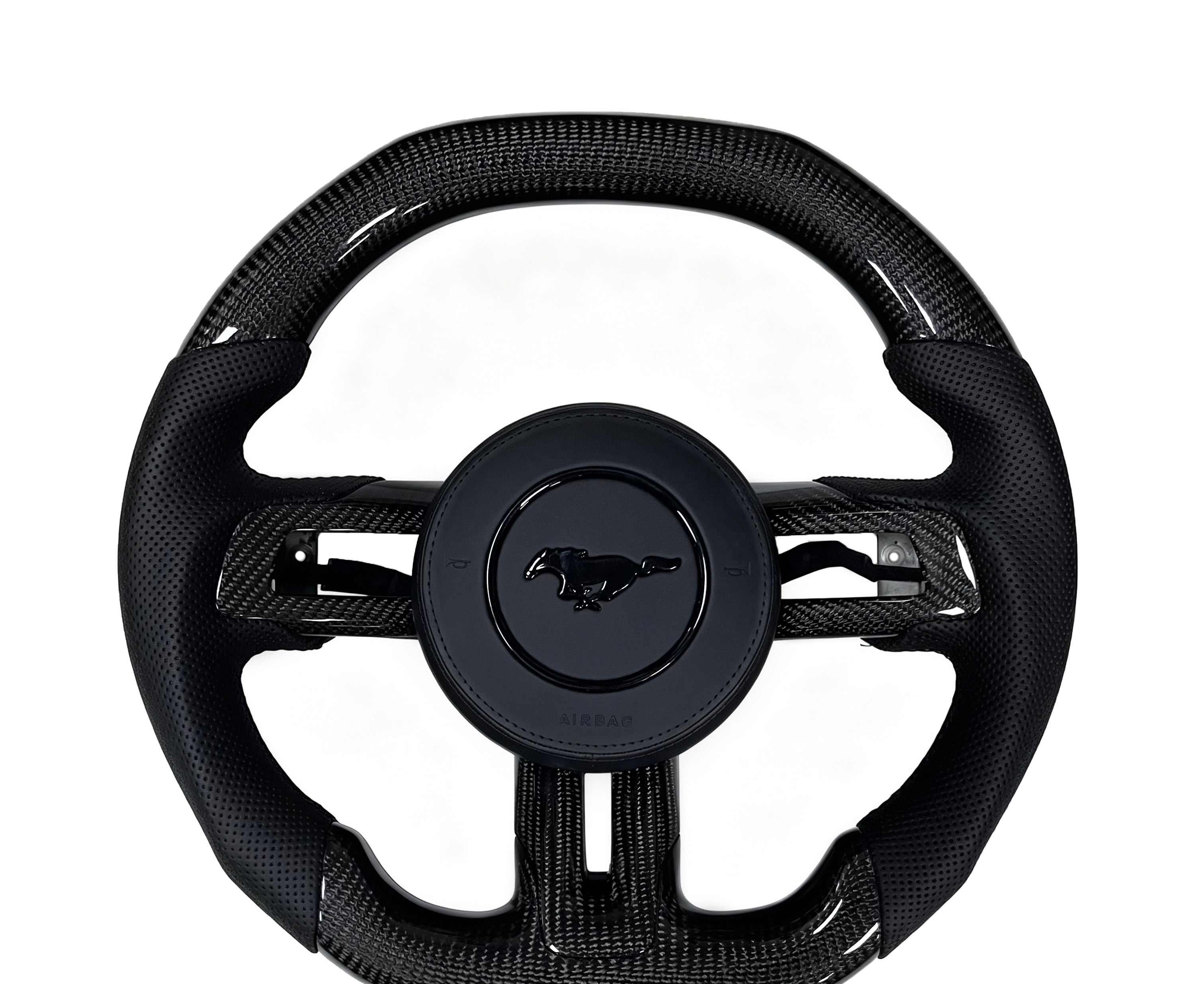 Ford Mustang Carbon Fibre & Perforated Leather Steering Wheel (Design 2) on a clean white background
