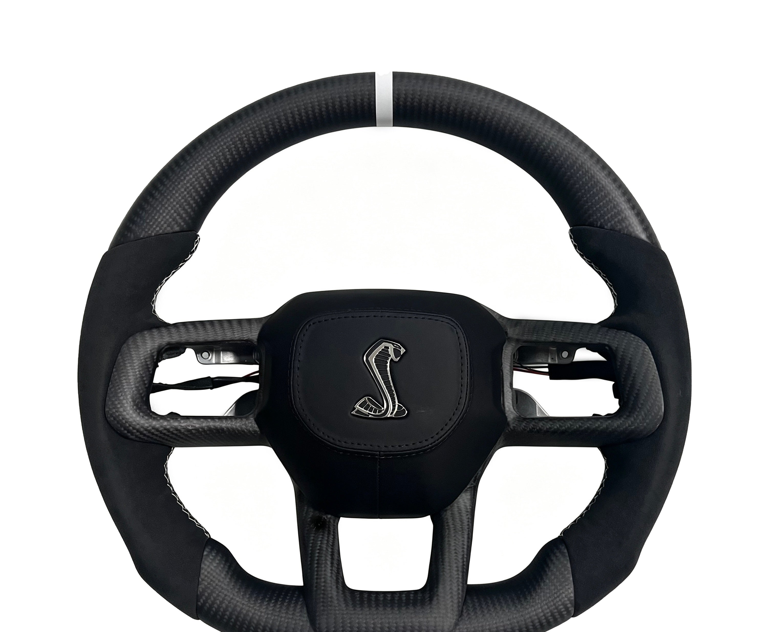Ford Mustang Matte Carbon Fibre & Alcantara Steering Wheel (Design 4) on a clean white background