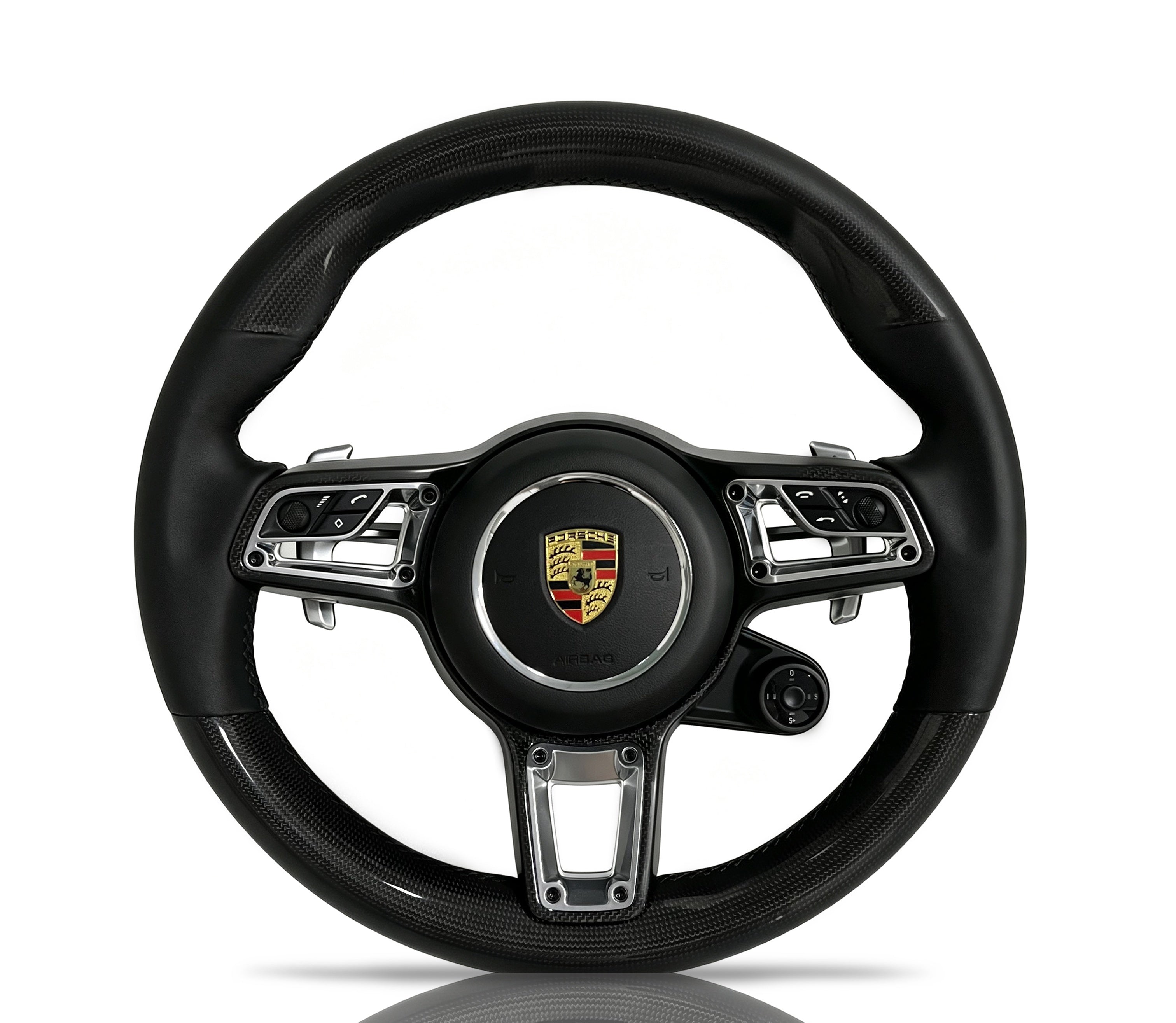 Porsche Carbon Fibre & Smooth Leather Steering Wheel (Design 1) on a clean white background