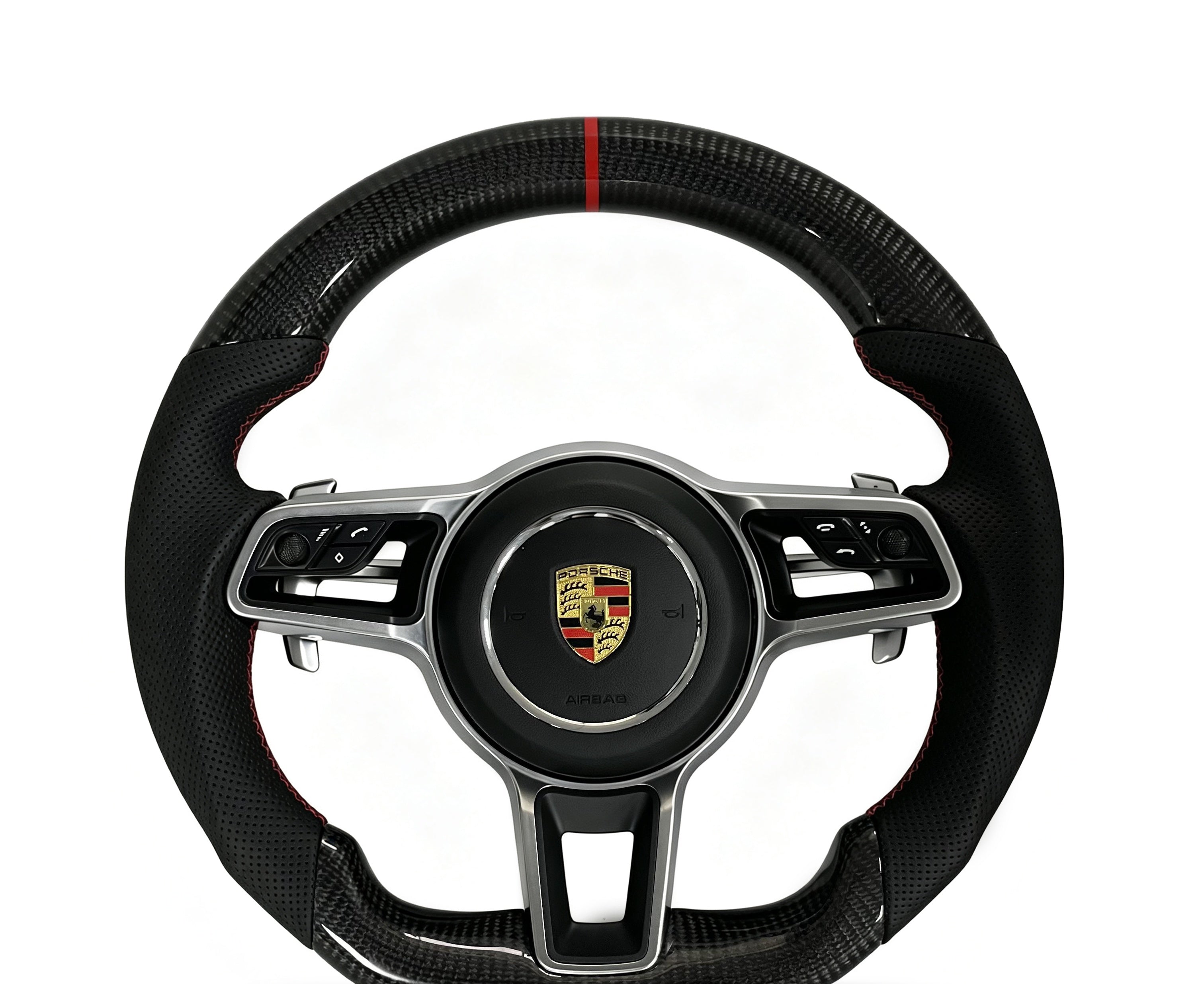 Porsche Carbon Fibre & Perforated Leather Steering Wheel (Design 2) on a clean white background