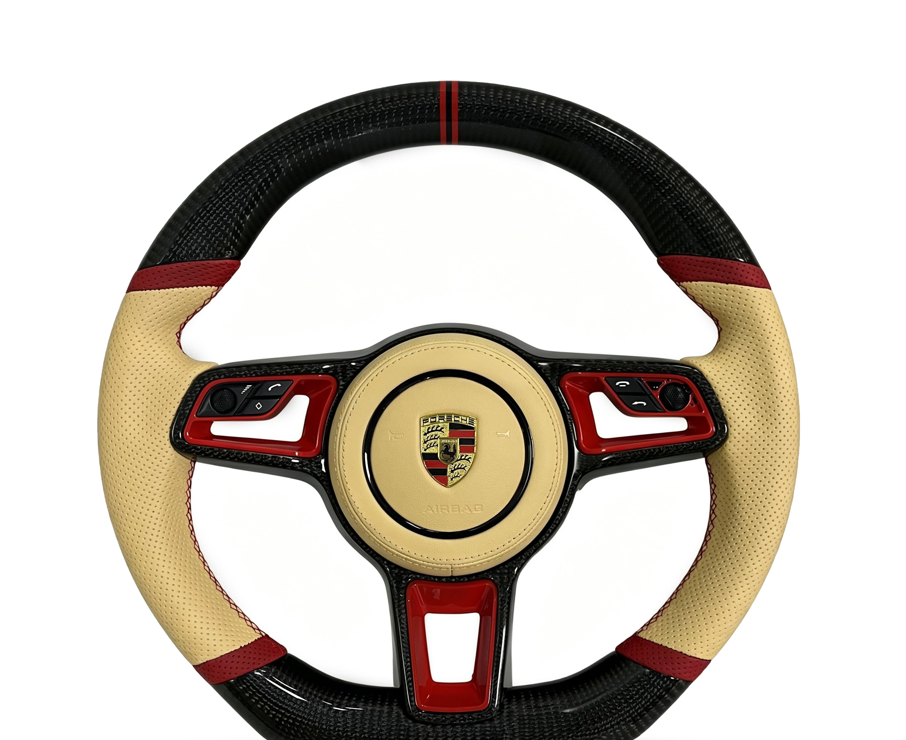 Porsche Carbon Fibre & Perforated Leather Steering Wheel (Design 3) on a clean white background