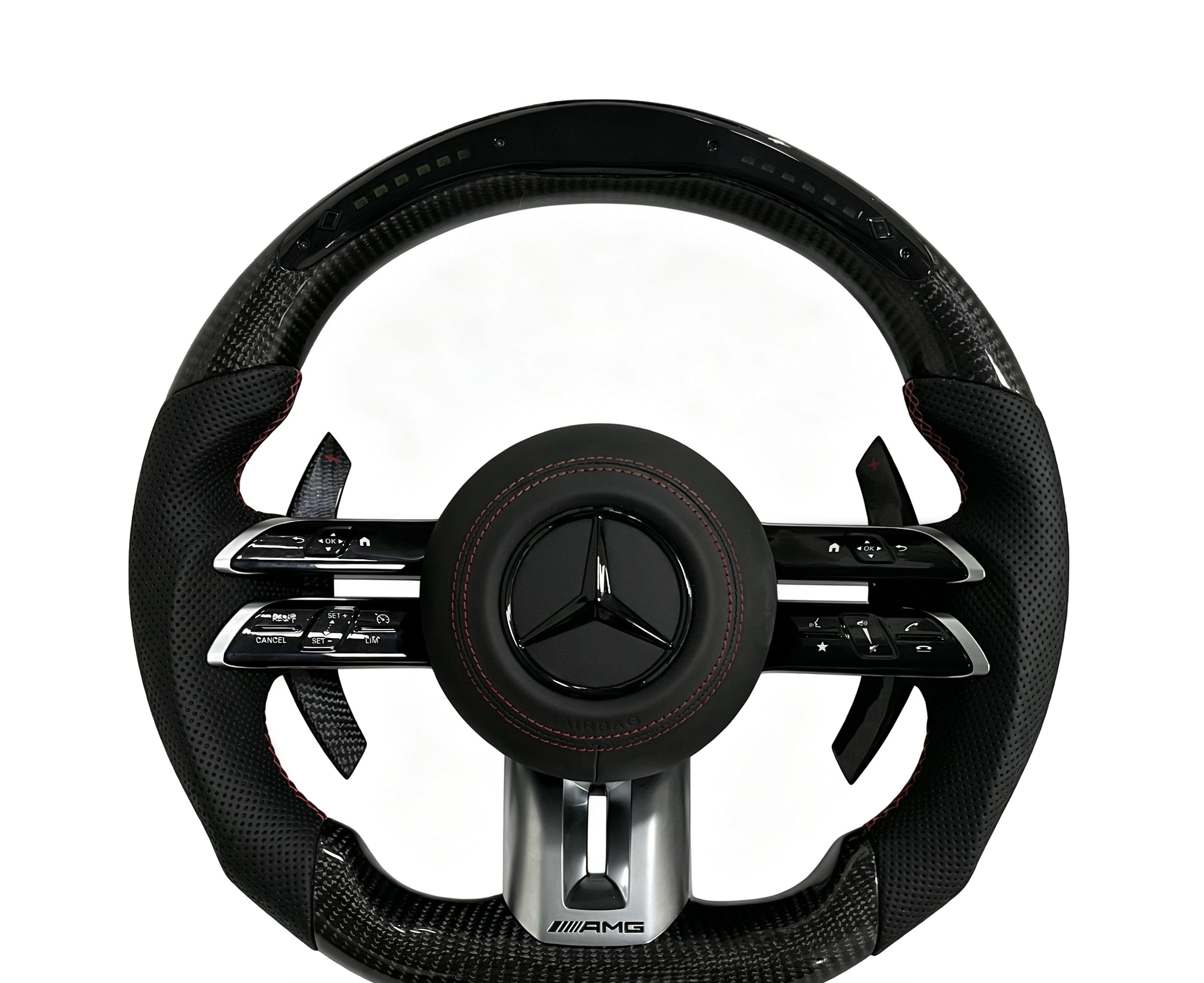 Mercedes-Benz Carbon Fibre & Perforated Leather Steering Wheel (Design 1) II on a clean white background