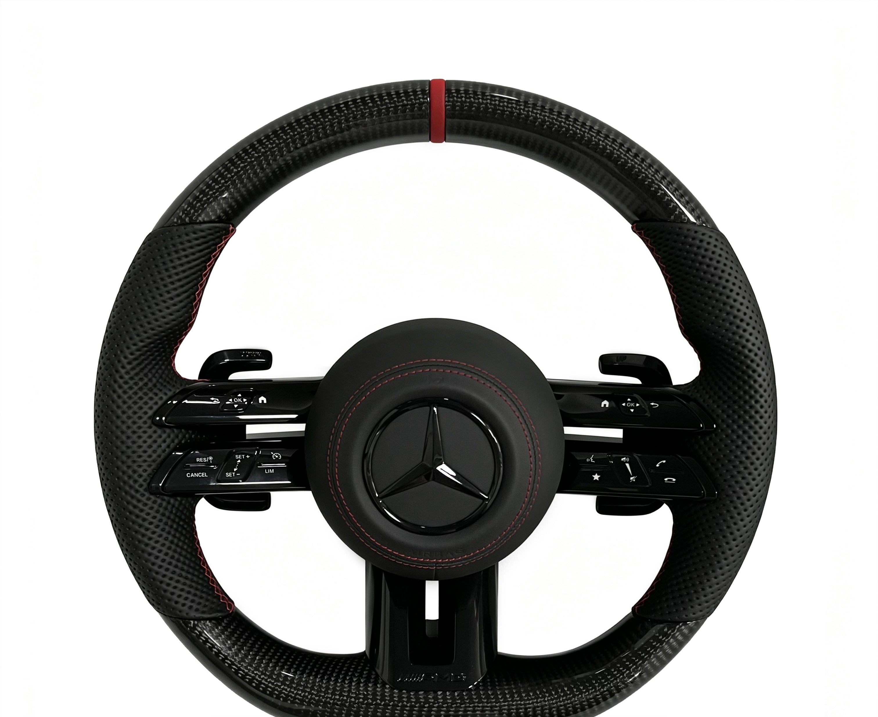 Mercedes-Benz Carbon Fibre & Perforated Leather Steering Wheel (Design 20) on a clean white background