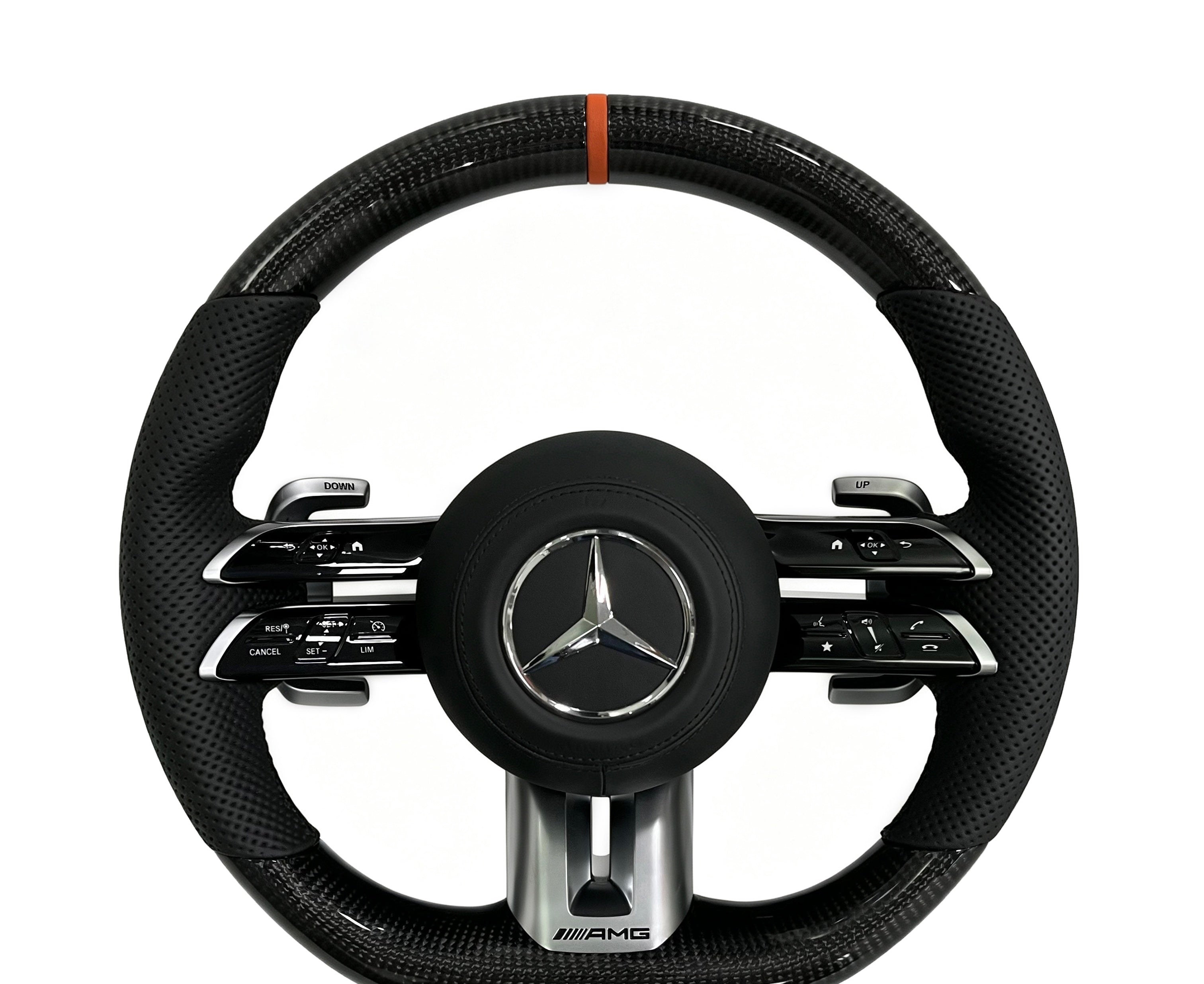 Mercedes-Benz Carbon Fibre & Perforated Leather Steering Wheel (Design 21) on a clean white background