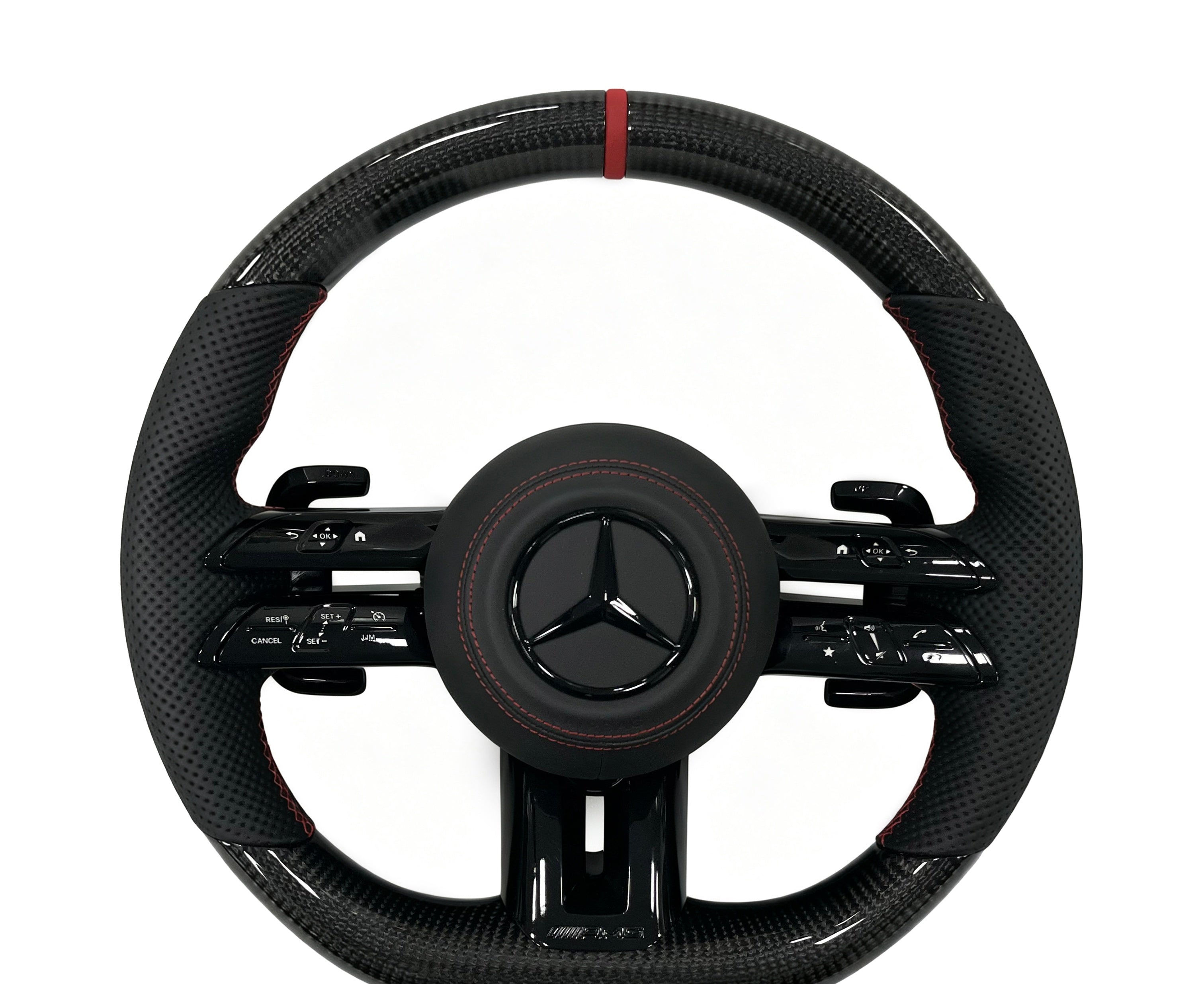 Mercedes-Benz Carbon Fibre & Perforated Leather Steering Wheel (Design 23) on a clean white background