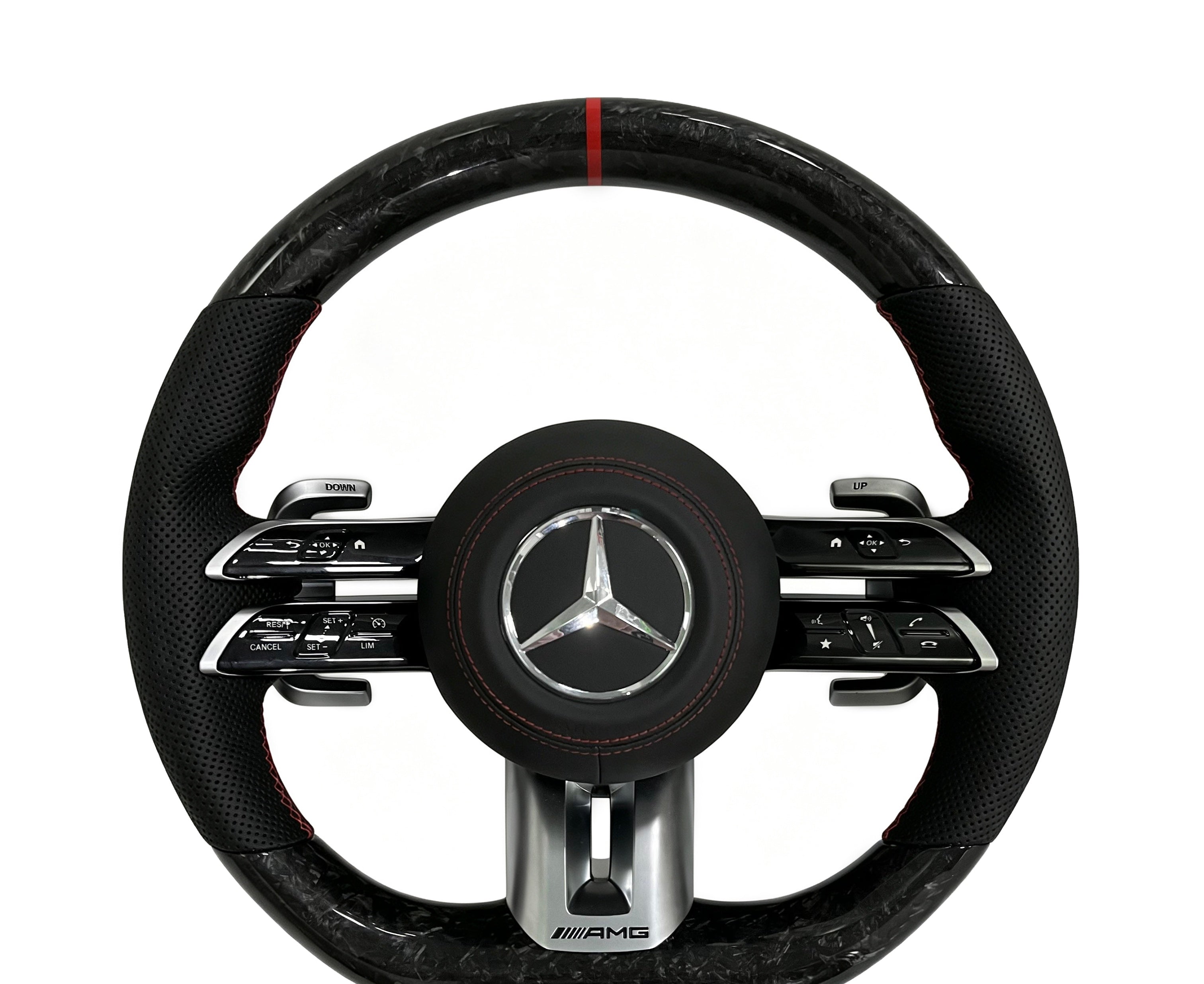 Mercedes-Benz Forged Carbon Fibre & Perforated Leather Steering Wheel (Design 26) on a clean white background