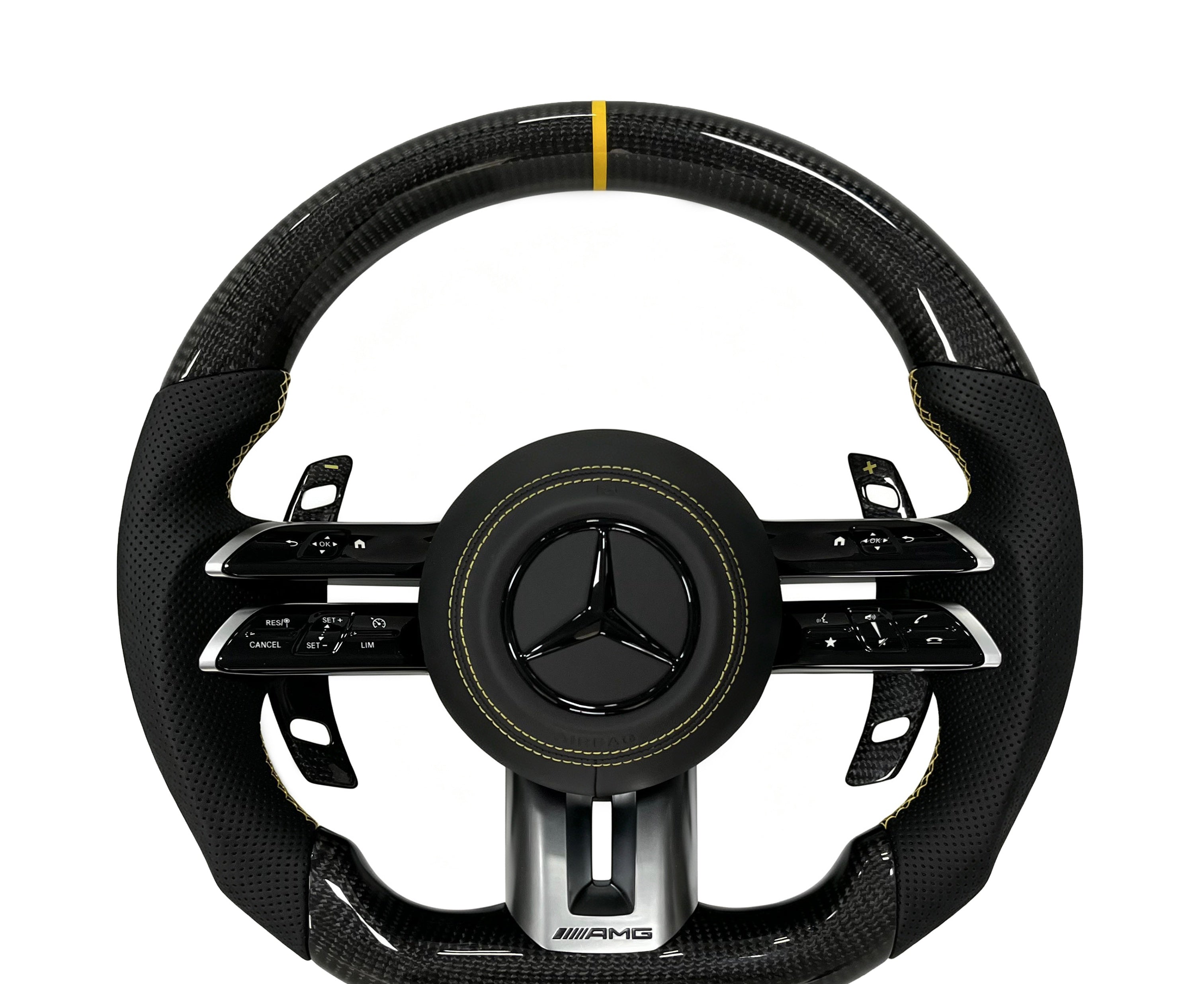 Mercedes-Benz Carbon Fibre & Perforated Leather Steering Wheel (Design 2) on a clean white background
