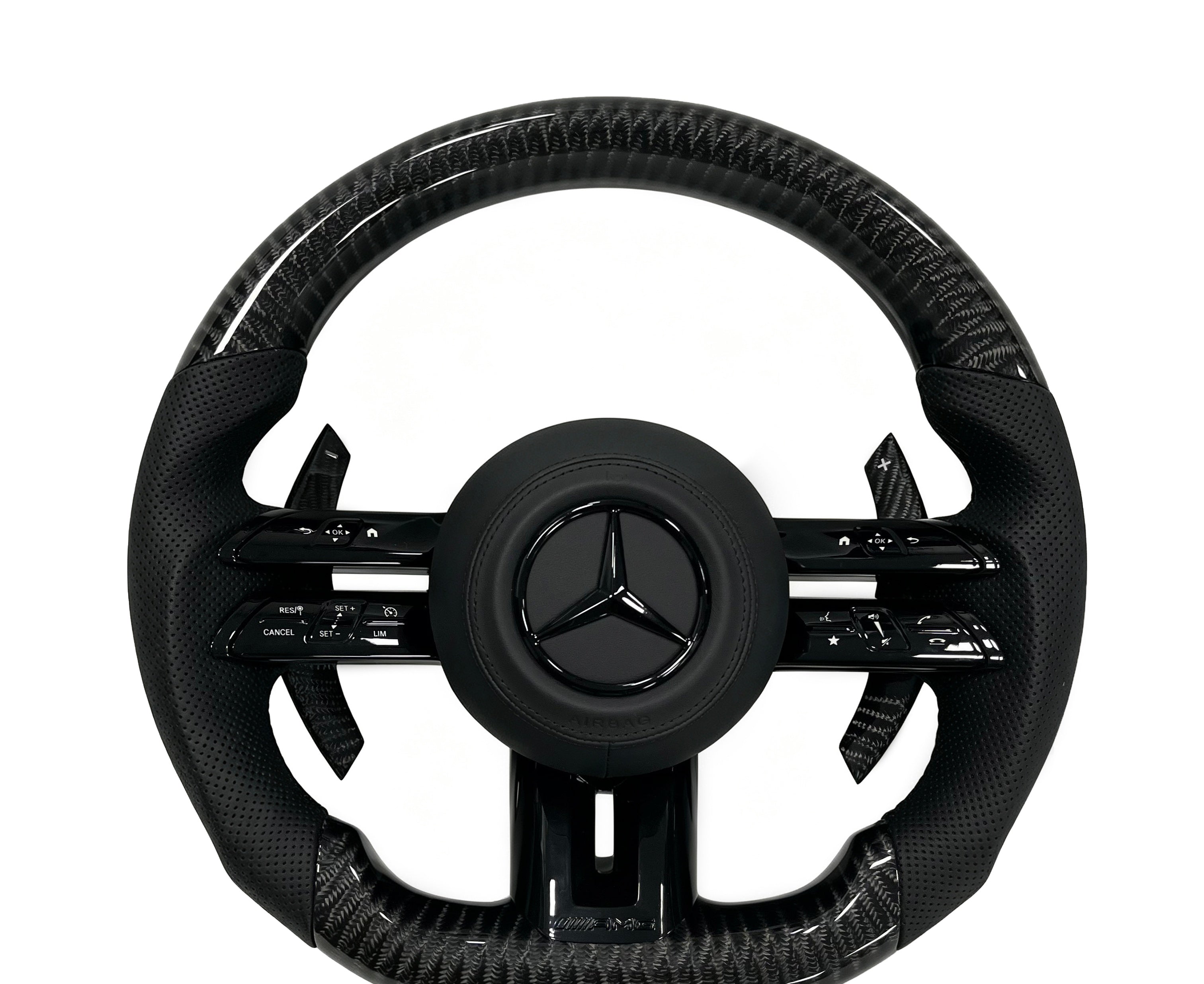 Mercedes-Benz Carbon Fibre & Perforated Leather Steering Wheel (Design 44) on a clean white background