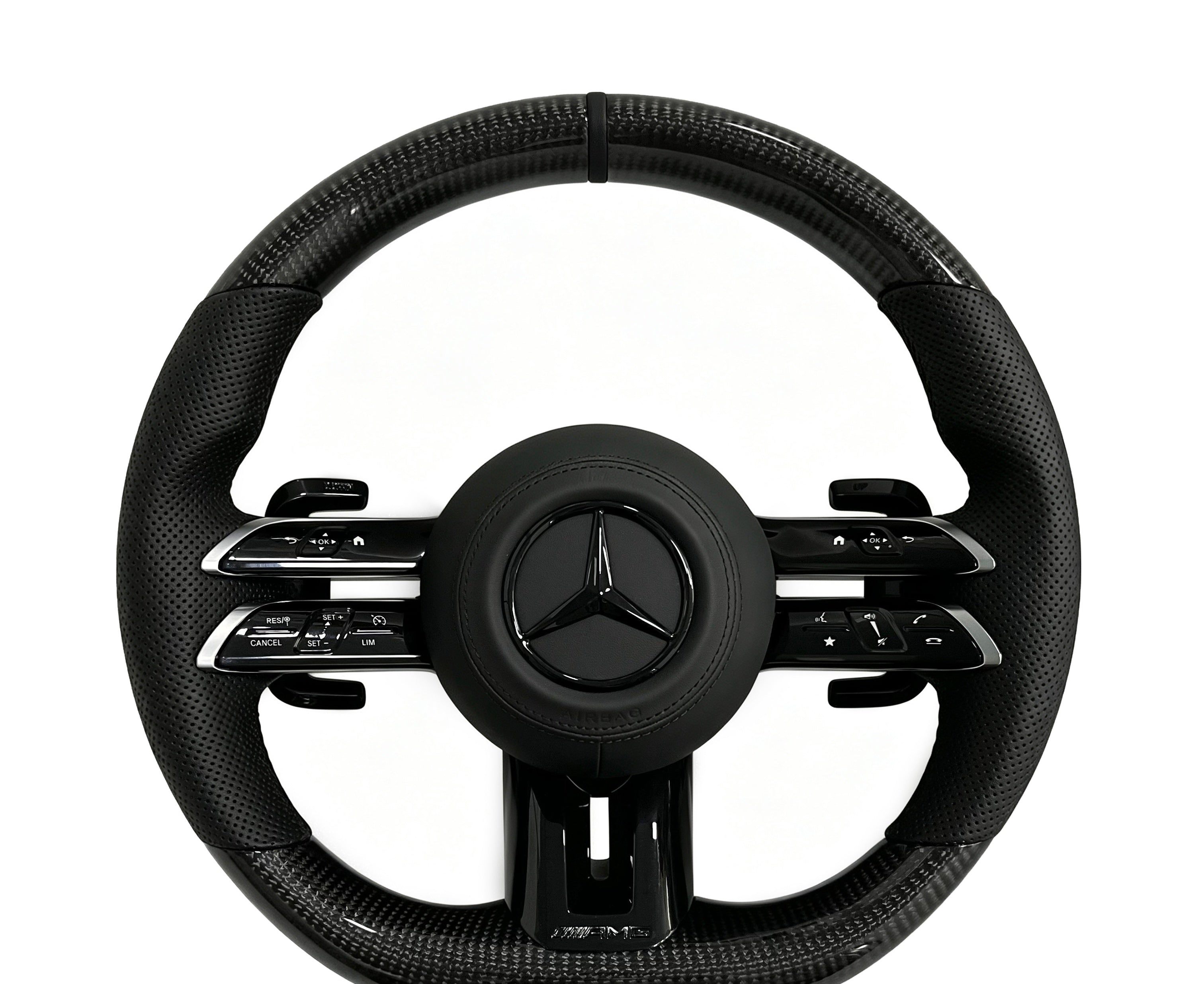 Mercedes-Benz Carbon Fibre & Perforated Leather Steering Wheel (Design 49) on a clean white background