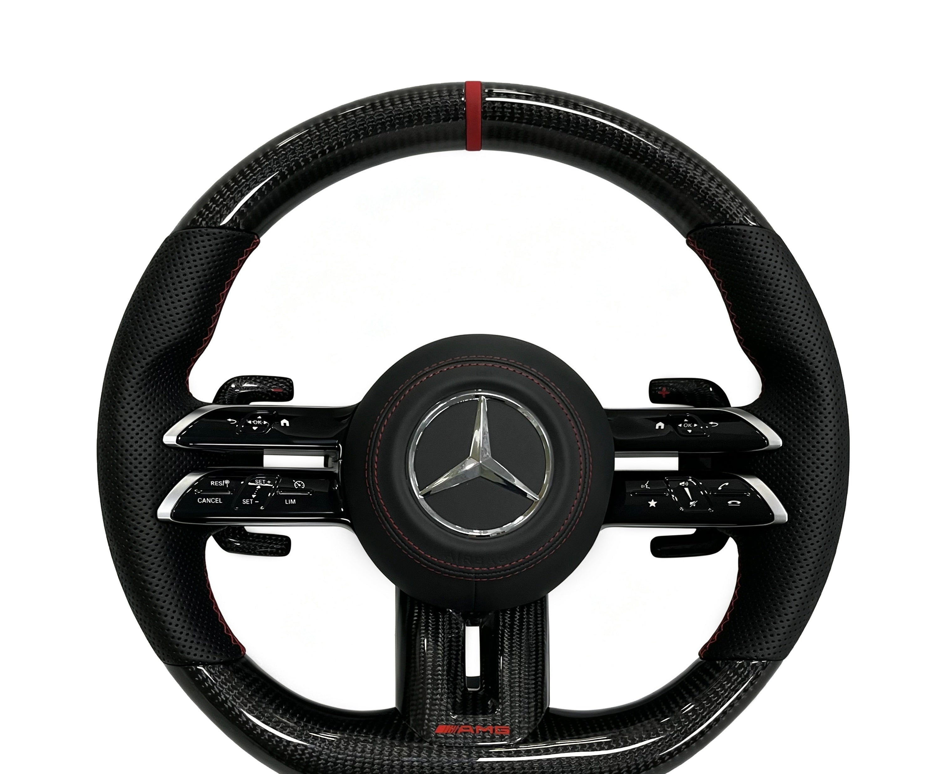 Mercedes-Benz Carbon Fibre & Perforated Leather Steering Wheel (Design 55) on a clean white background