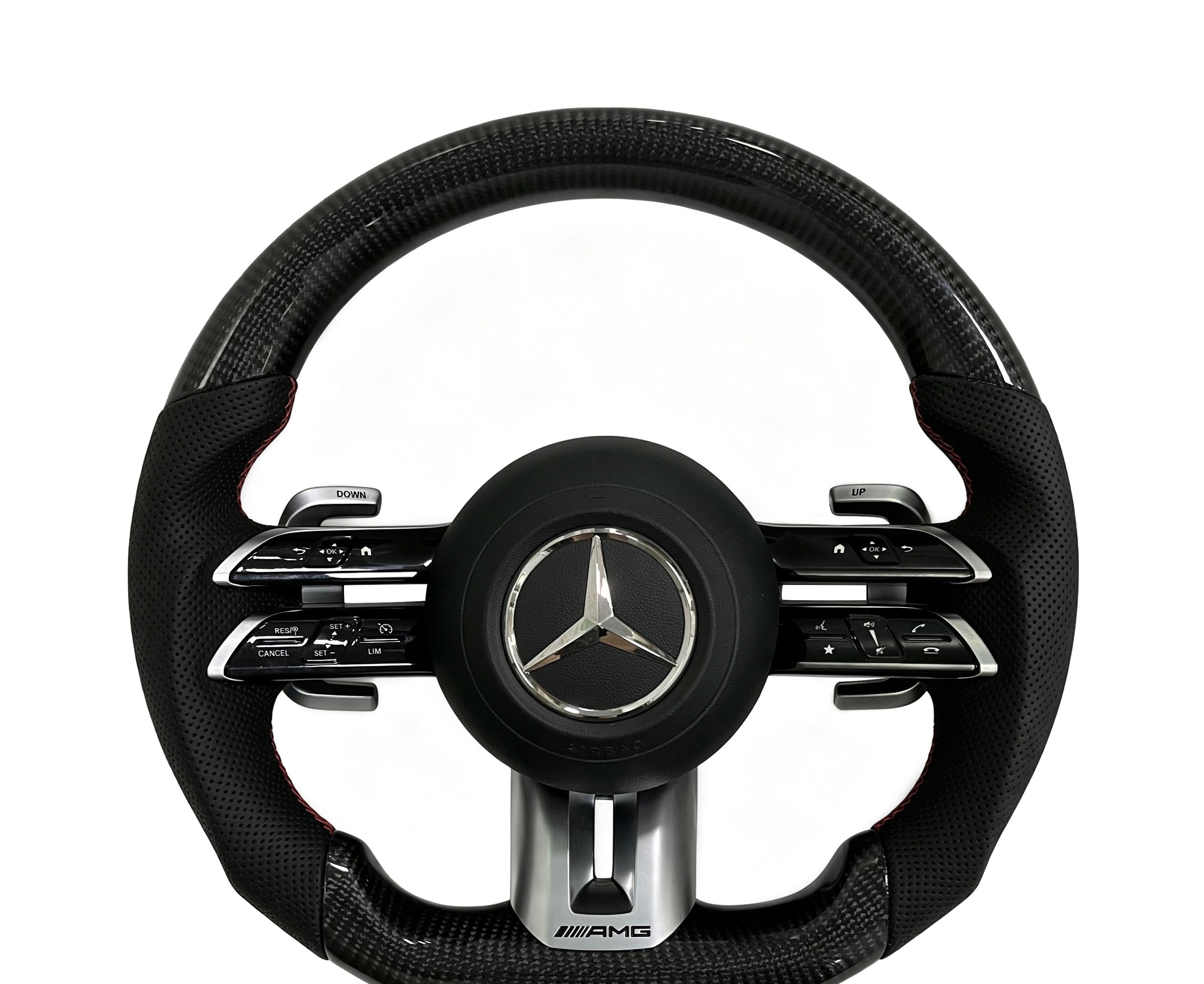 Mercedes-Benz Carbon Fibre & Perforated Leather Steering Wheel (Design 5) II on a clean white background