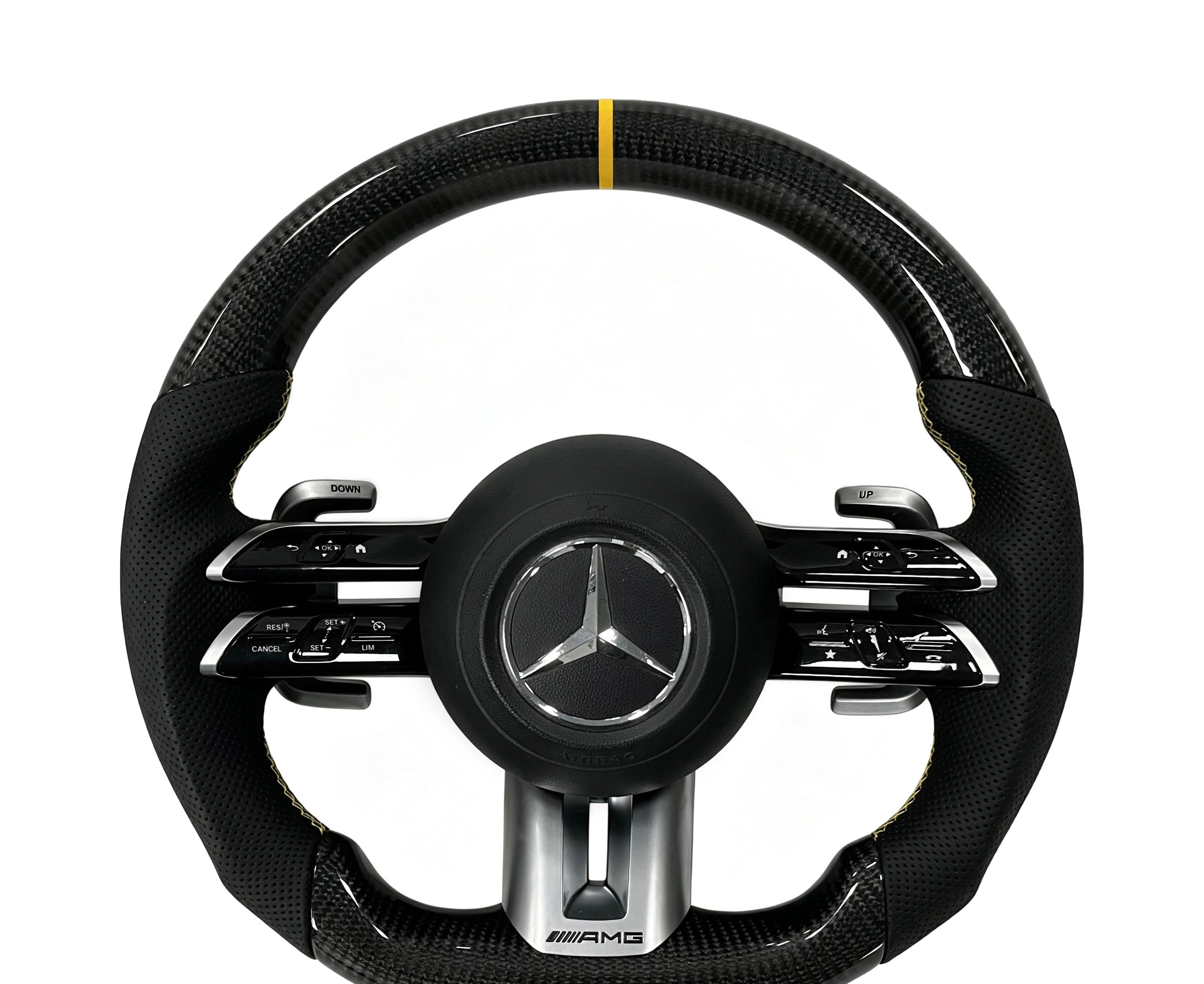 Mercedes-Benz Carbon Fibre & Perforated Leather Steering Wheel (Design 6) on a clean white background