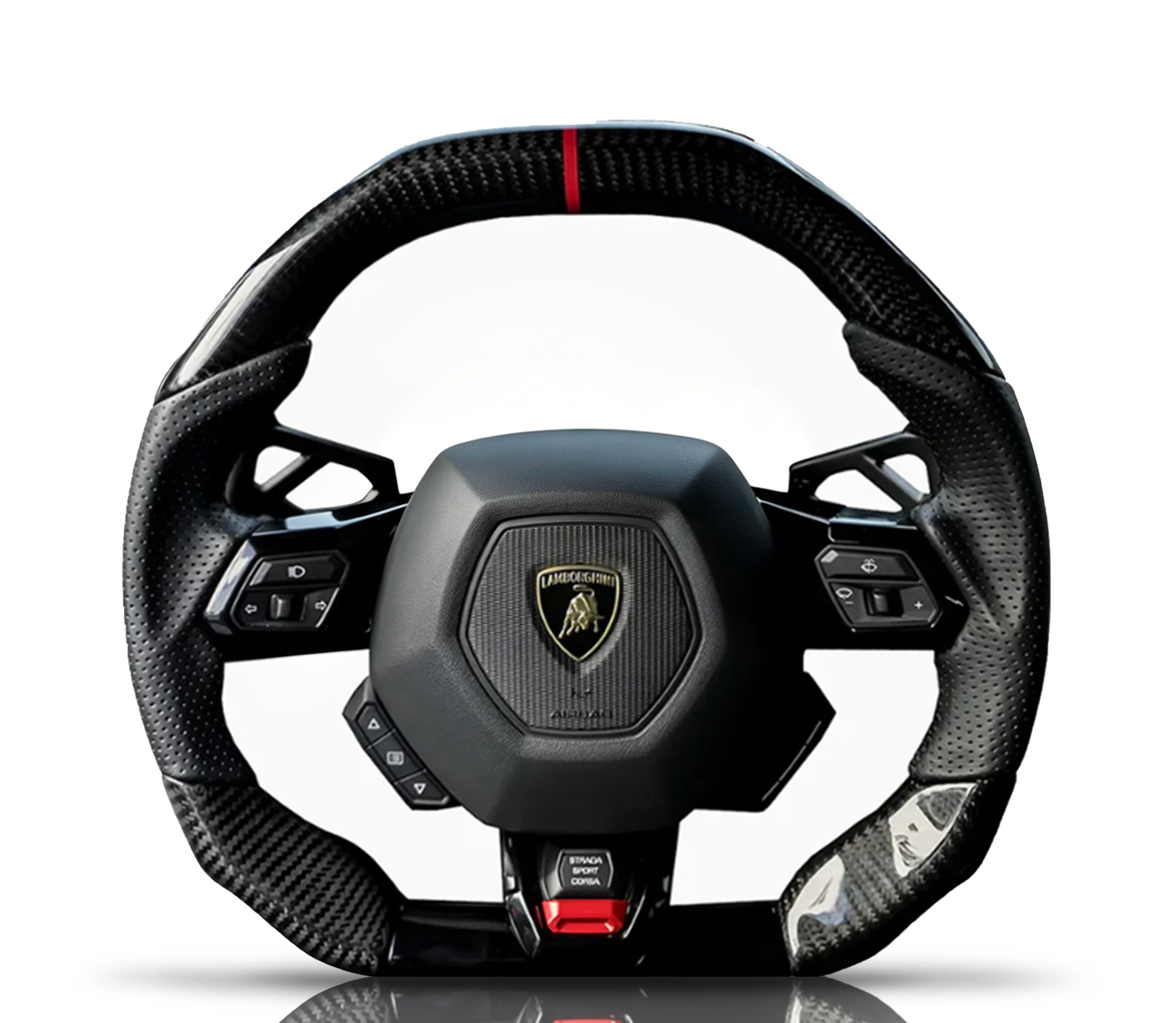 Lamborghini Huracan Carbon Fibre & Alcantara Steering Wheel on a clean white background
