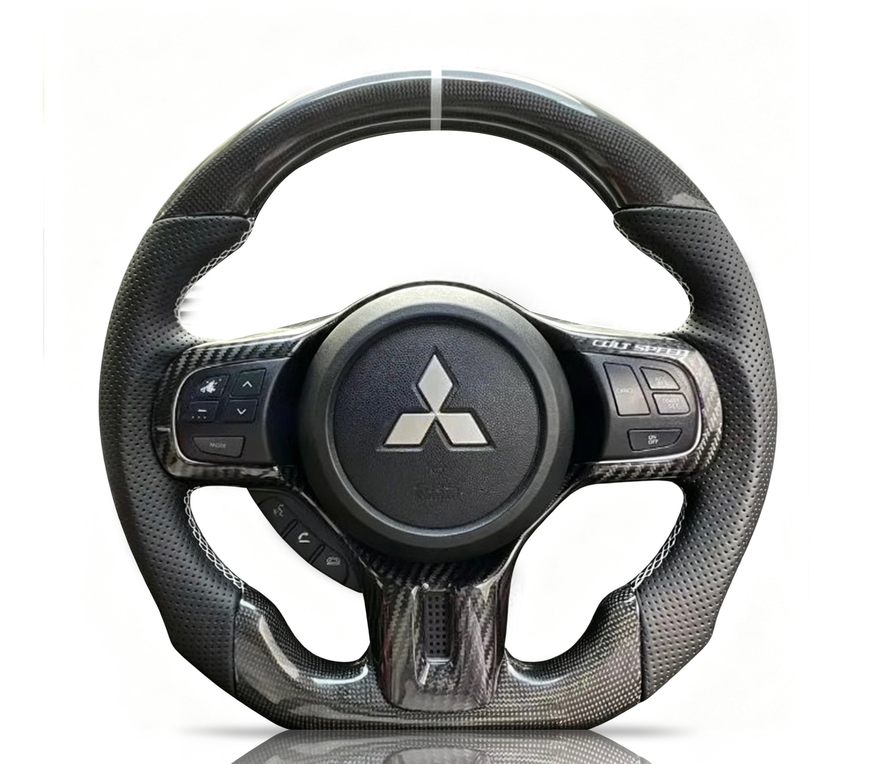 Mitsubishi Carbon Fibre & Perforated Leather Steering Wheel II on a clean white background