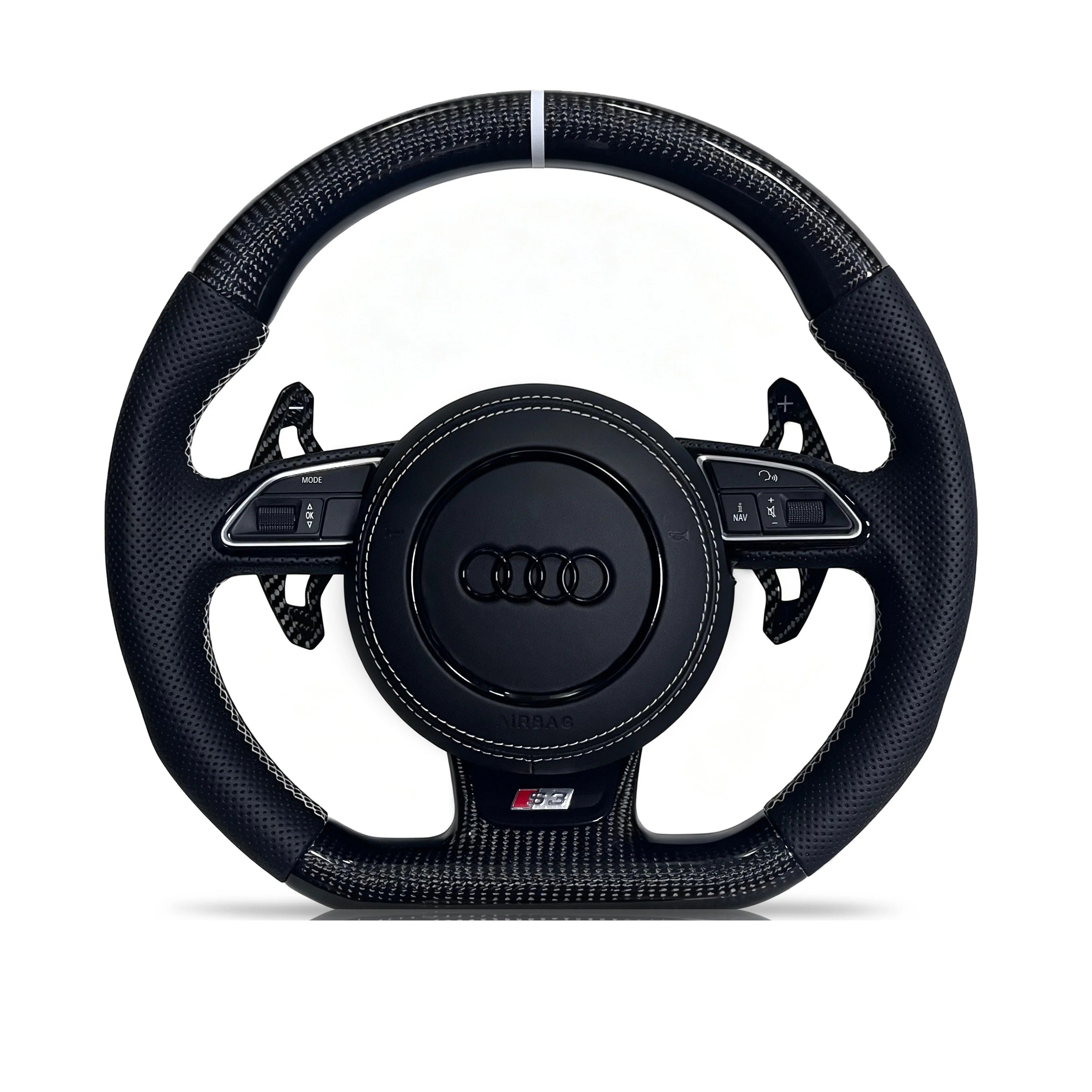 Audi S3 carbon fibre steering wheel on a clean white background