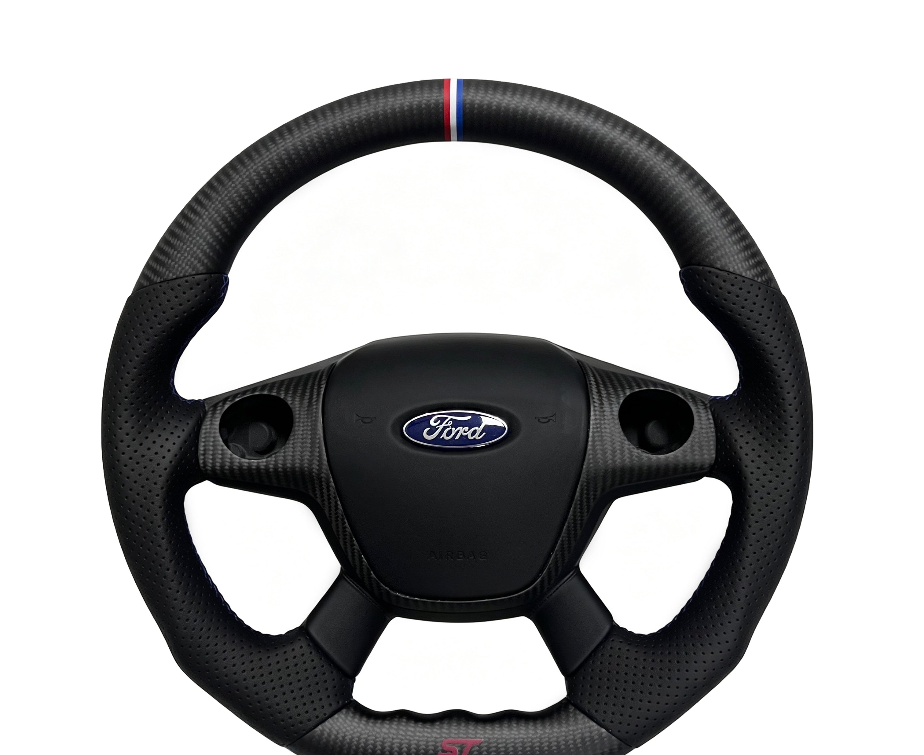 Ford Matte Carbon & Perforated Leather Steering Wheel (Design 1) on a clean white background