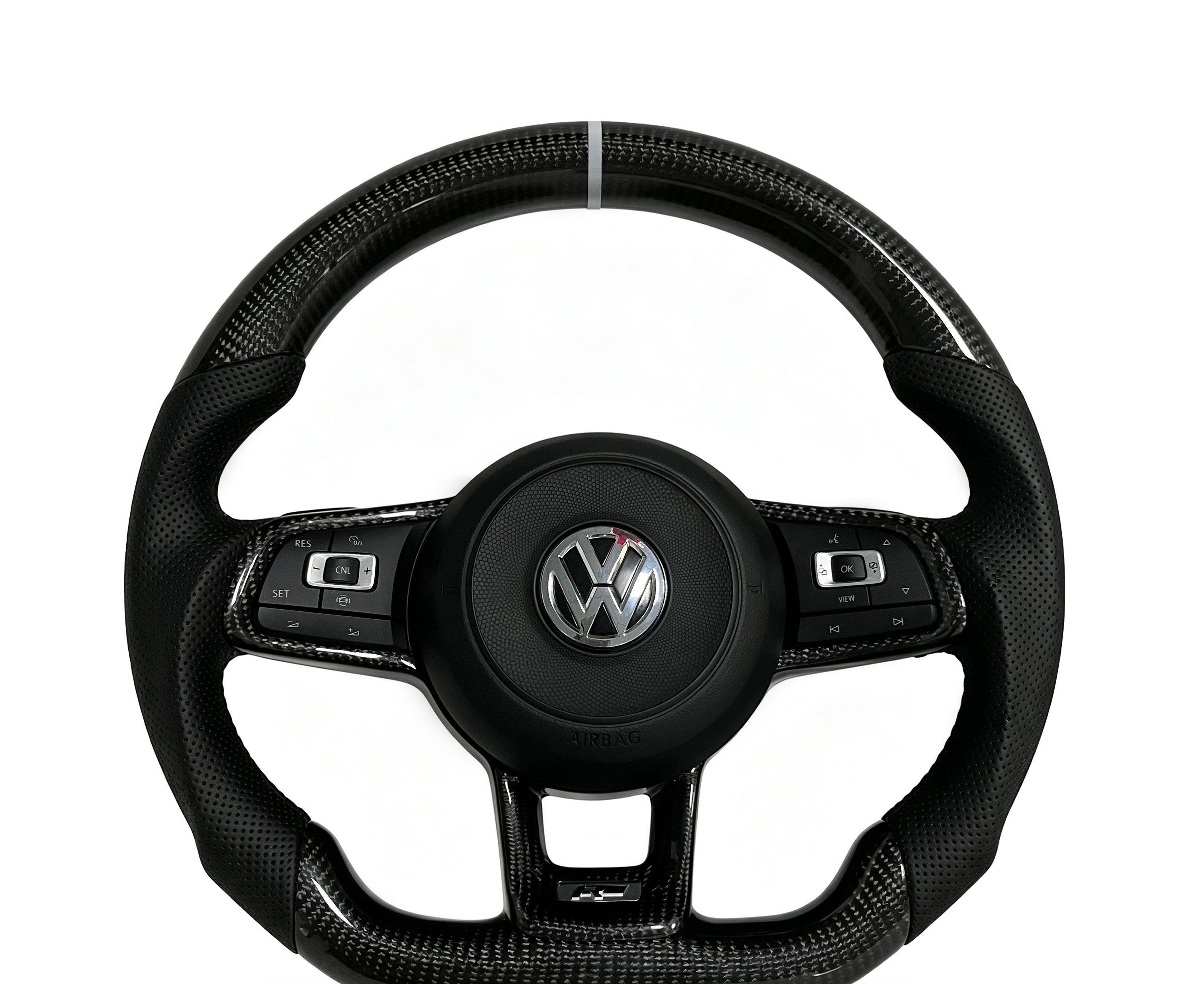 Volkswagen Golf Carbon Fibre & Perforated Leather Steering Wheel (Design 06) on a clean white background