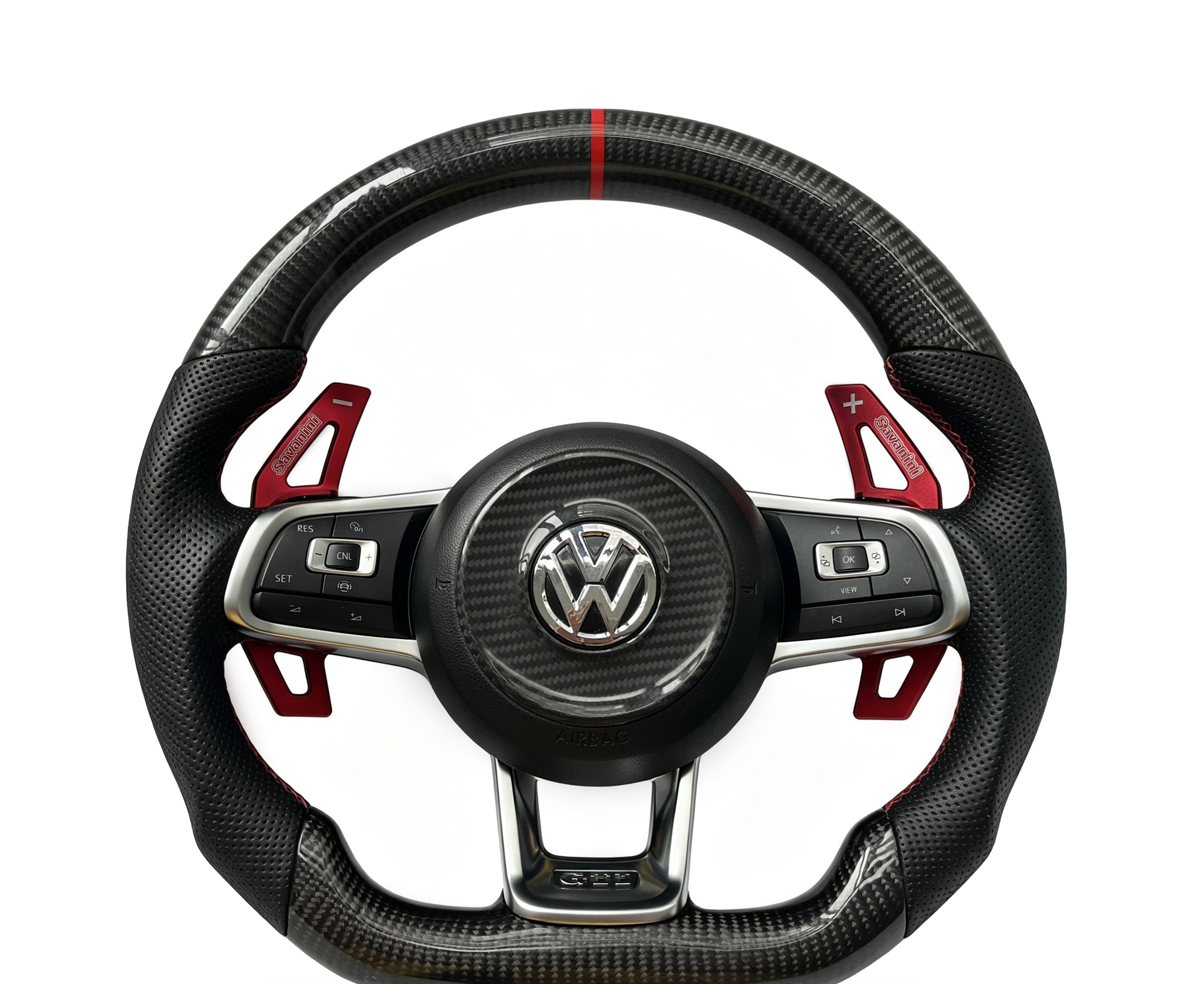Volkswagen Golf Carbon Fibre & Perforated Leather Steering Wheel (Design 09) on a clean white background
